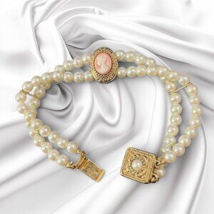 Vintage Double Strand Faux Pearl Gold Told Cameo Bracelet Ornate Clasp 7 in
